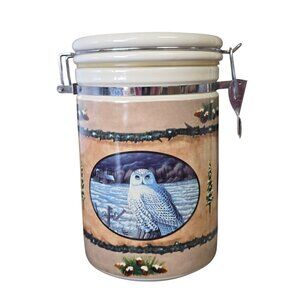 Vintage Ceramic Winter Scene Storage Canister With Latch Lid & Wildlife Artwork